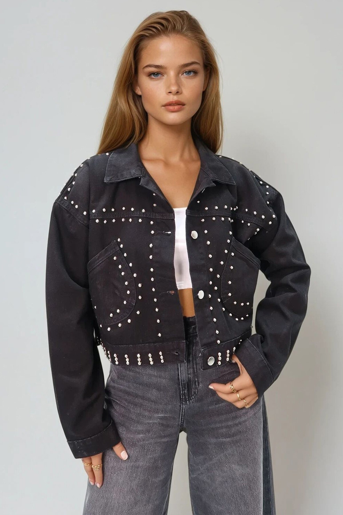 Siyah Trok Çakımlı Crop Jean Ceket