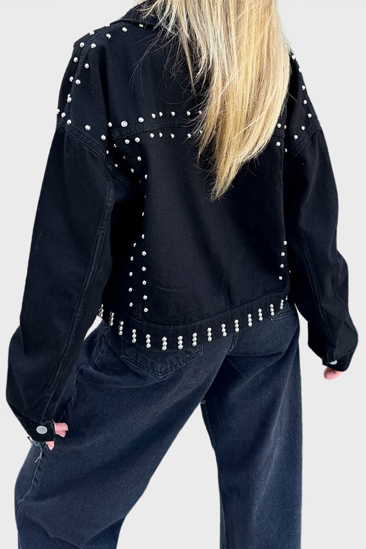 Siyah Trok Çakımlı Crop Jean Ceket