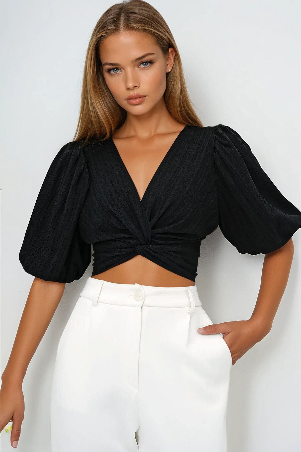 Siyah V Yaka Düğüm Detaylı Gizli Fermuarlı Balon Kol Dokuma Bluz