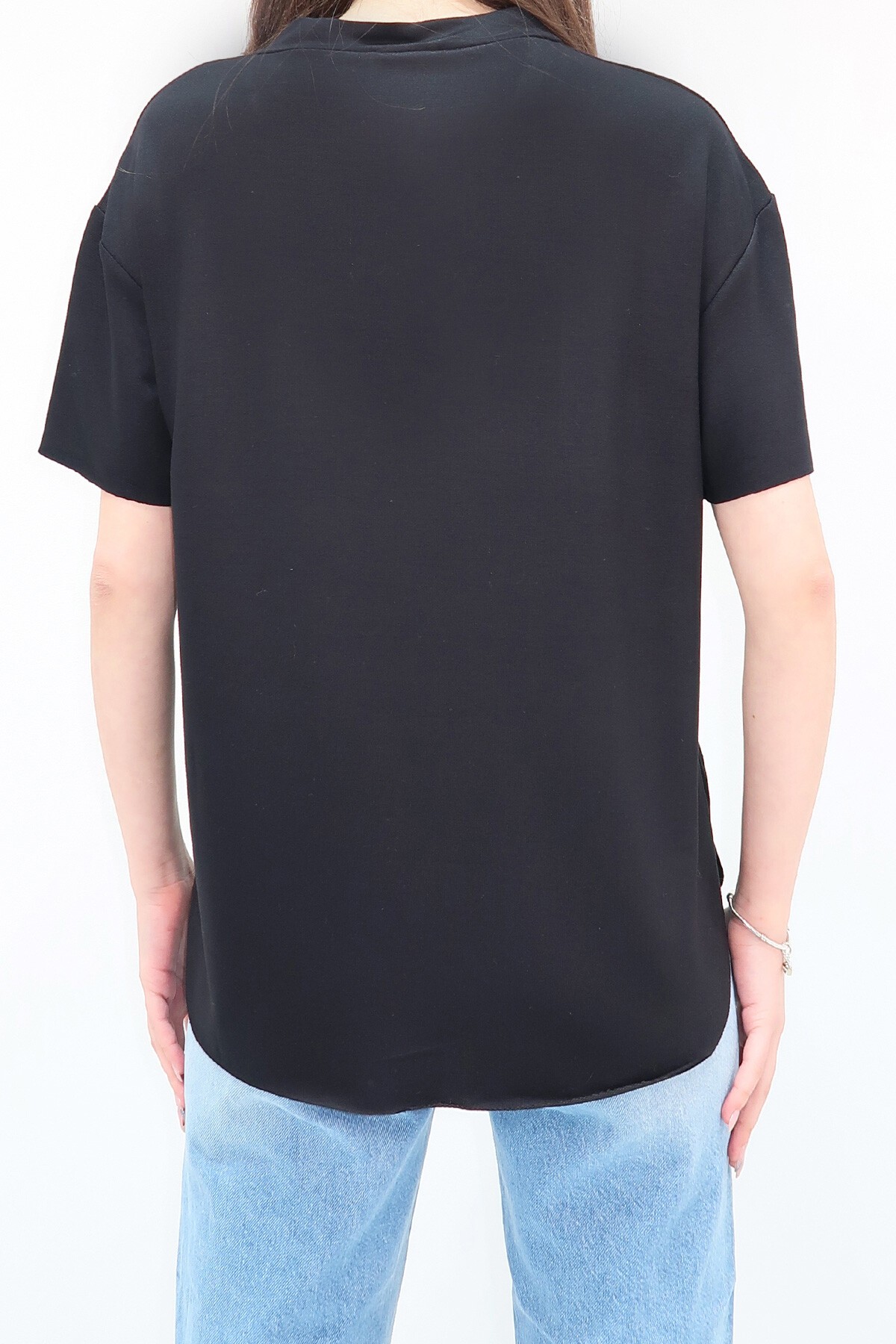 Siyah V Yaka Lazer Kesim Oversize Modal T Shirt