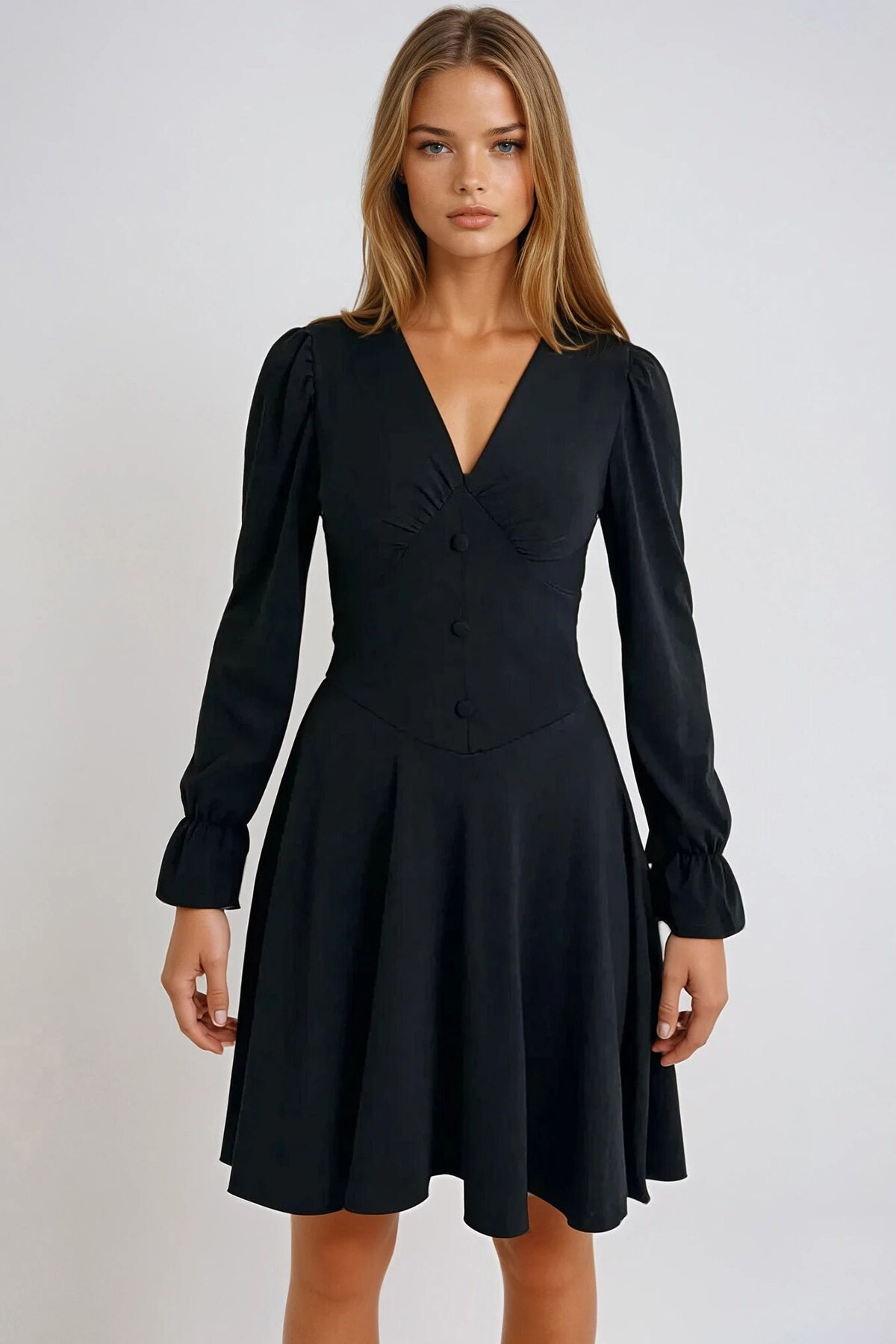 Siyah V Yaka Prenses Kol Düğme Detaylı Mini Elbise