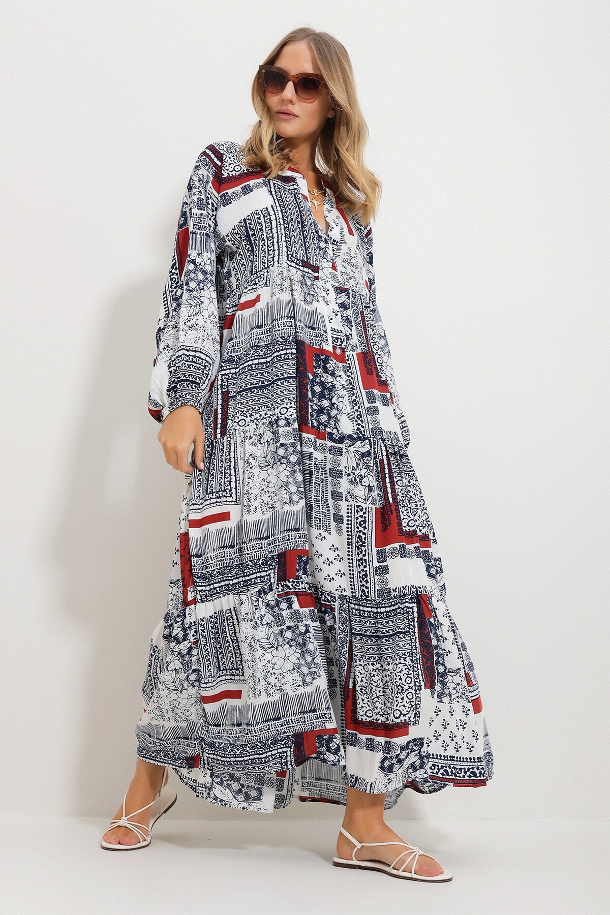 Tarçın Hakim Yaka Şal Desenli Maxi Boy Elbise