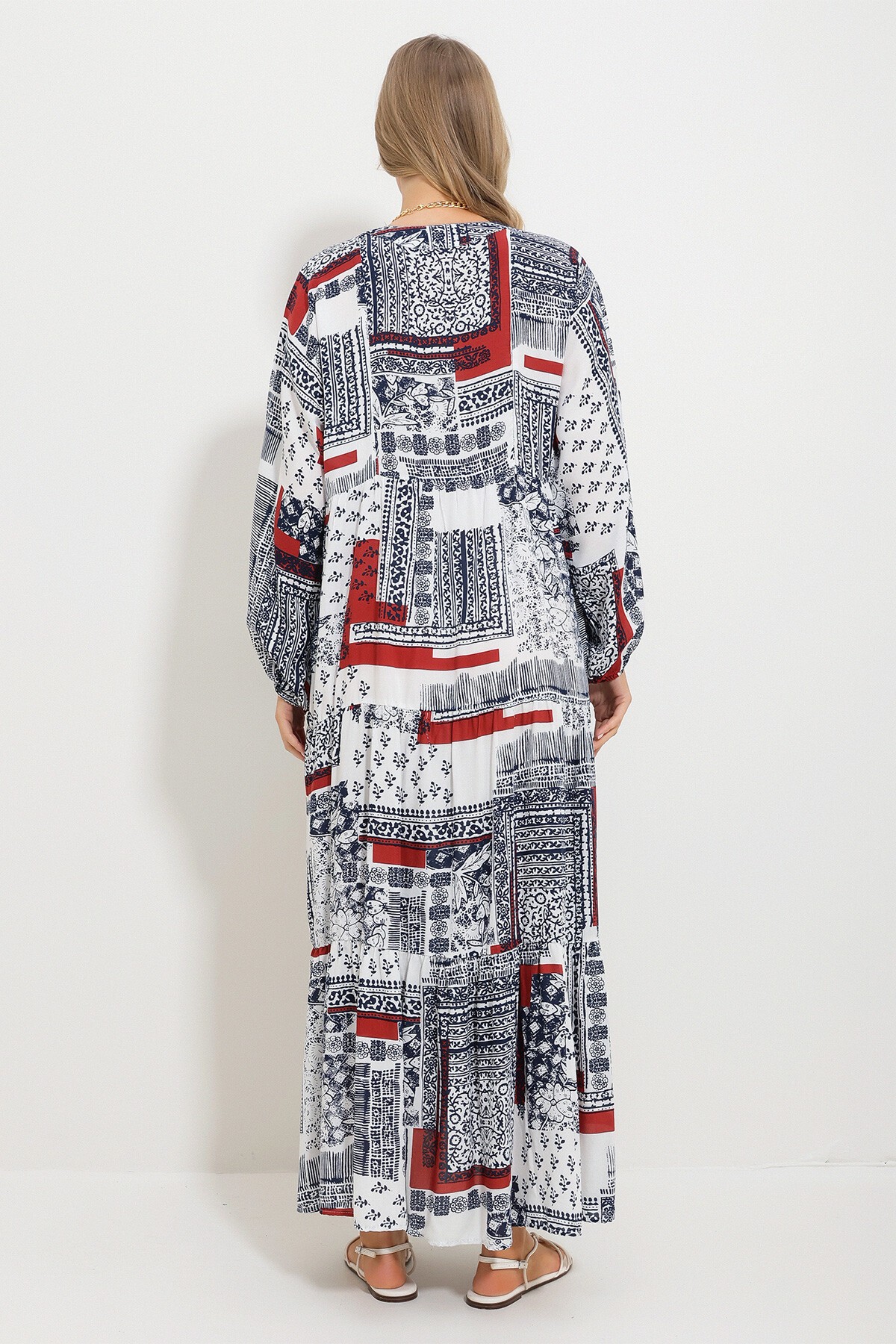 Tarçın Hakim Yaka Şal Desenli Maxi Boy Elbise