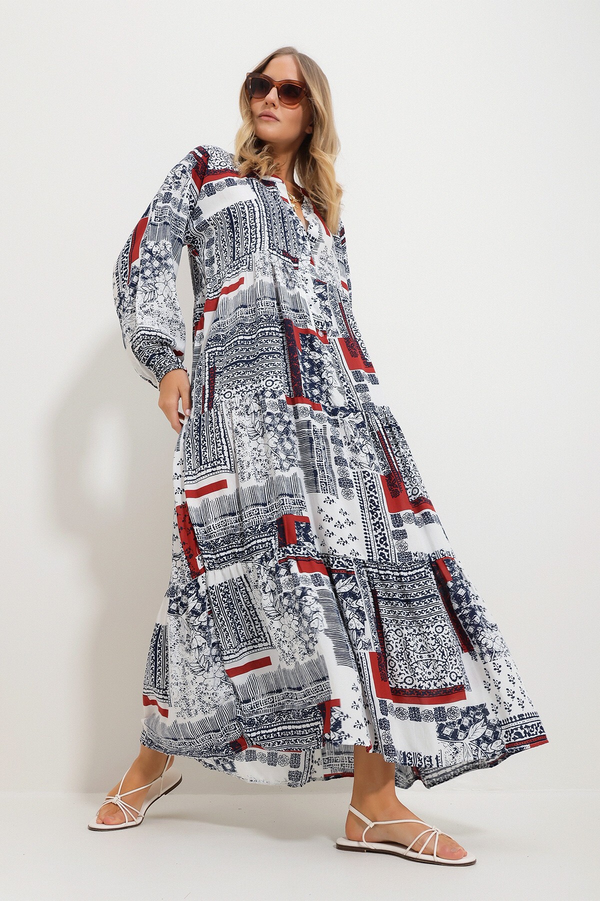 Tarçın Hakim Yaka Şal Desenli Maxi Boy Elbise