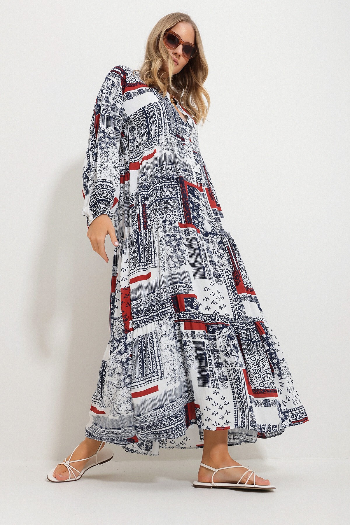 Tarçın Hakim Yaka Şal Desenli Maxi Boy Elbise