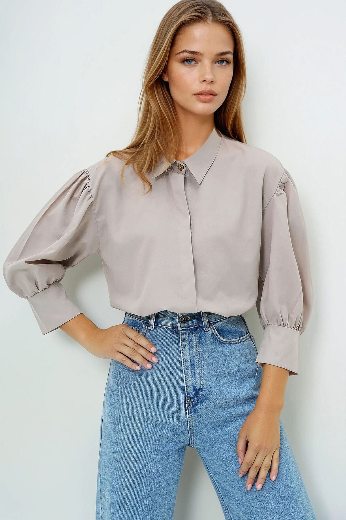 Taş Balon Kol Gizli Patlı Dokuma Gömlek