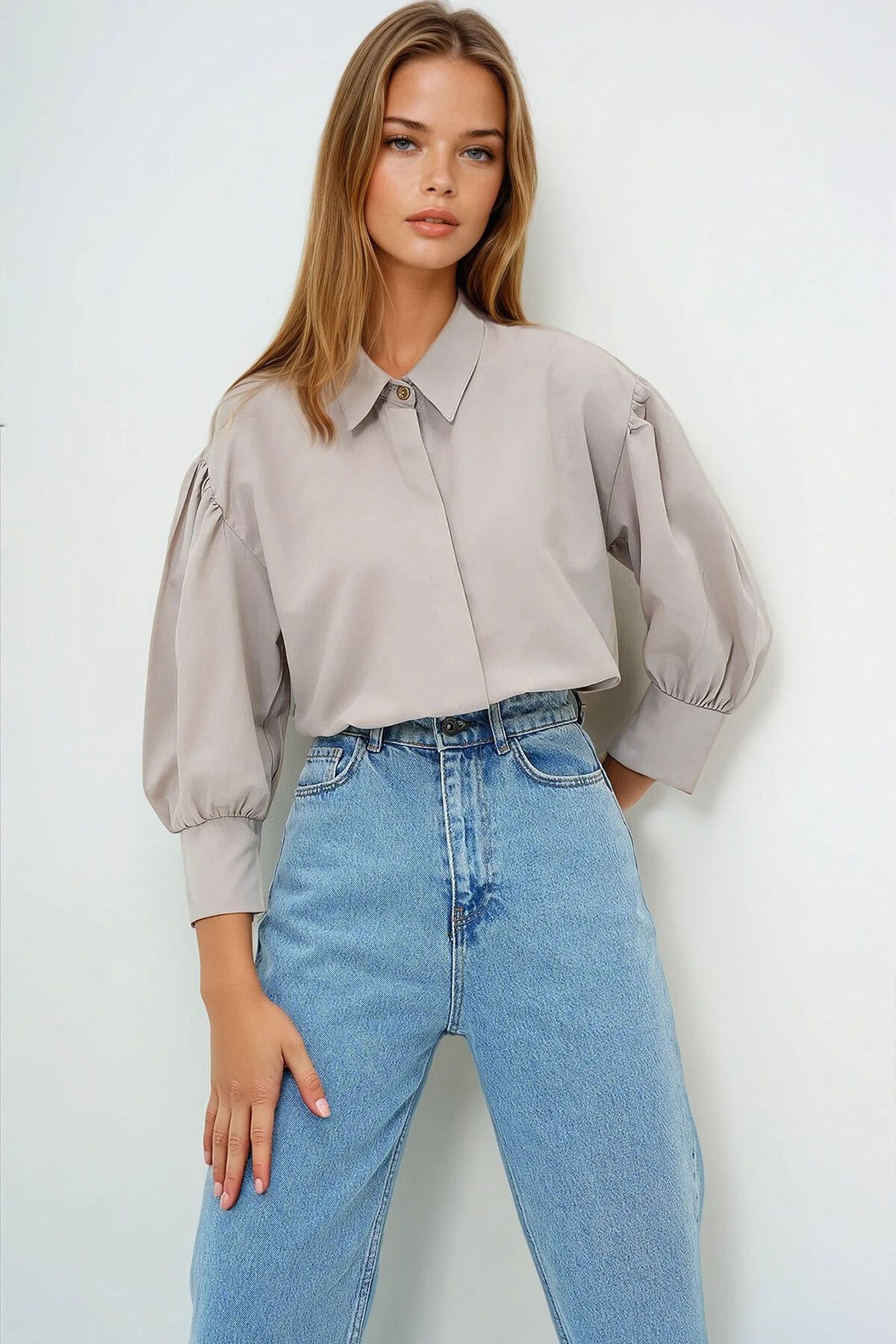 Taş Balon Kol Gizli Patlı Dokuma Gömlek