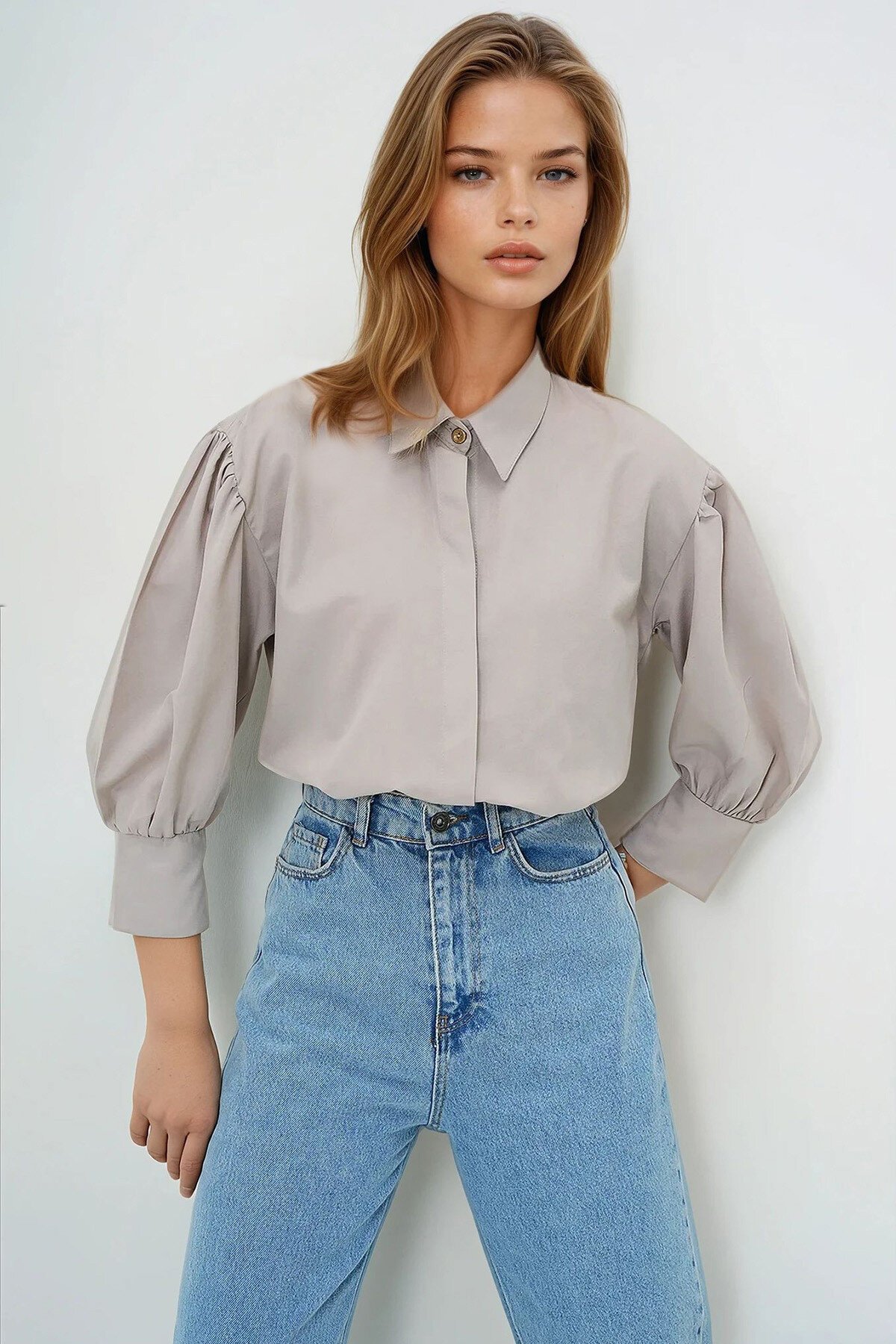 Taş Balon Kol Gizli Patlı Dokuma Gömlek