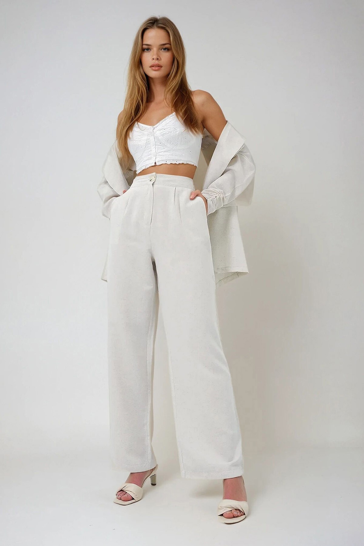 Taş Çift Cepli Keten Palazzo Pantolon