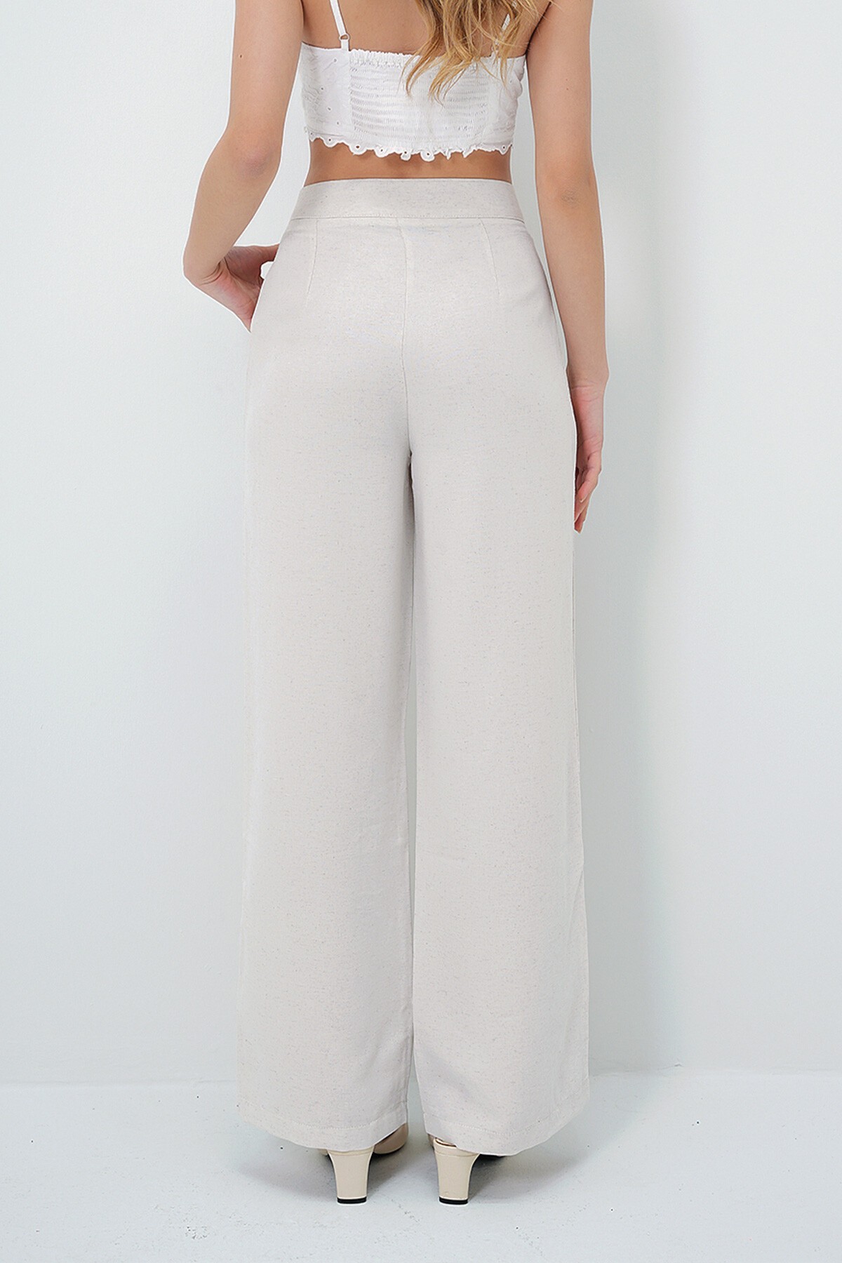 Taş Çift Cepli Keten Palazzo Pantolon