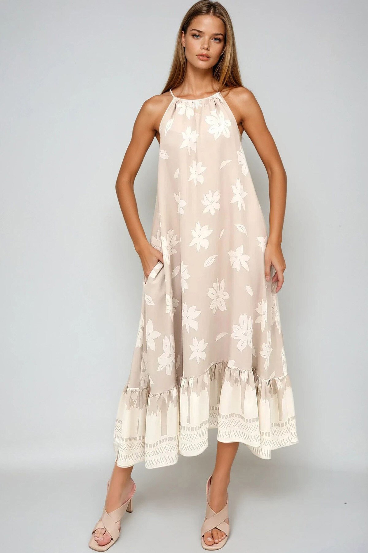 Taş İp Askılı Eteği Volanlı Çift Cepli Yazlık Dokuma Elbise