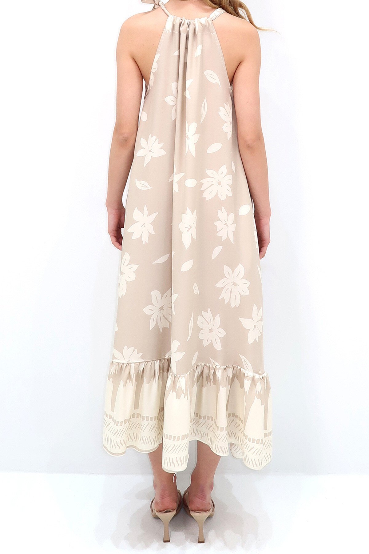 Taş İp Askılı Eteği Volanlı Çift Cepli Yazlık Dokuma Elbise