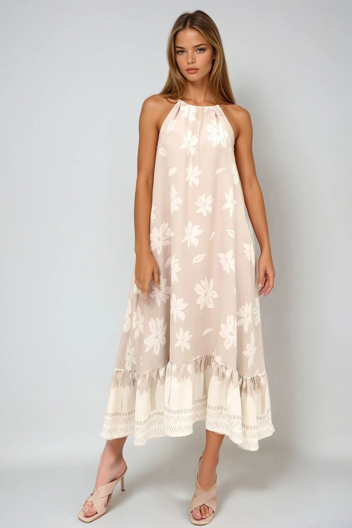 Taş İp Askılı Eteği Volanlı Çift Cepli Yazlık Dokuma Elbise