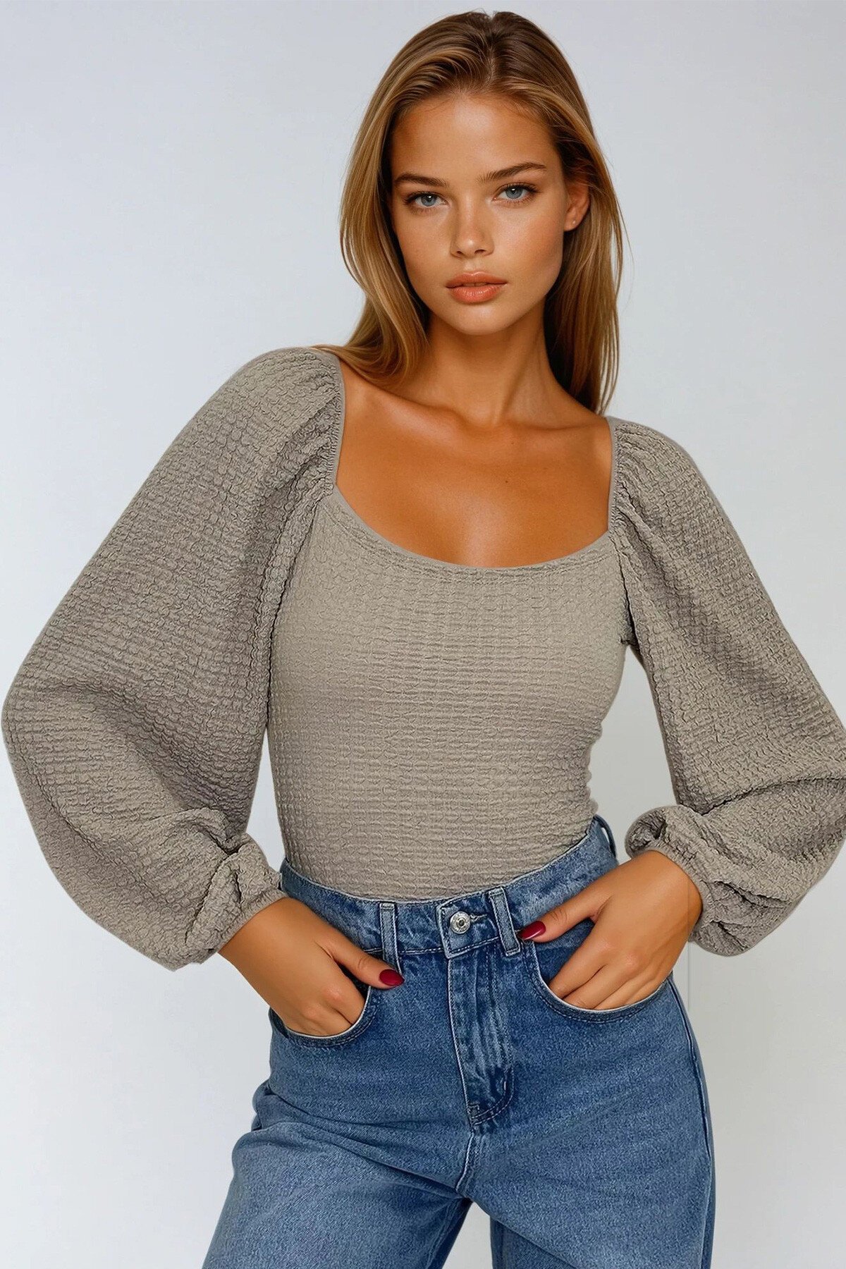 Taş Öpücük Yaka Prenses Kol Bürümcük Bluz