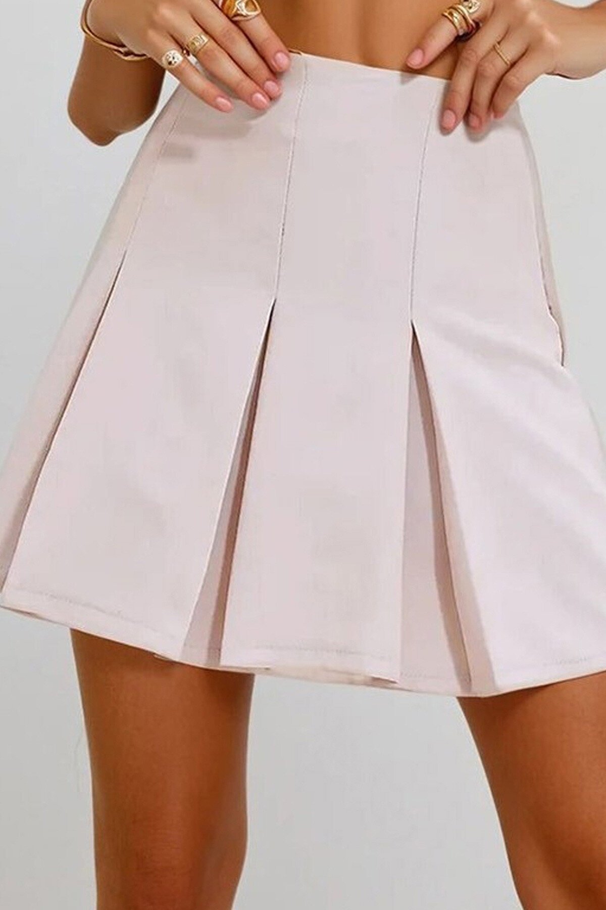 Taş Yüksek Bel Geniş Pileli Dokuma Mini Etek