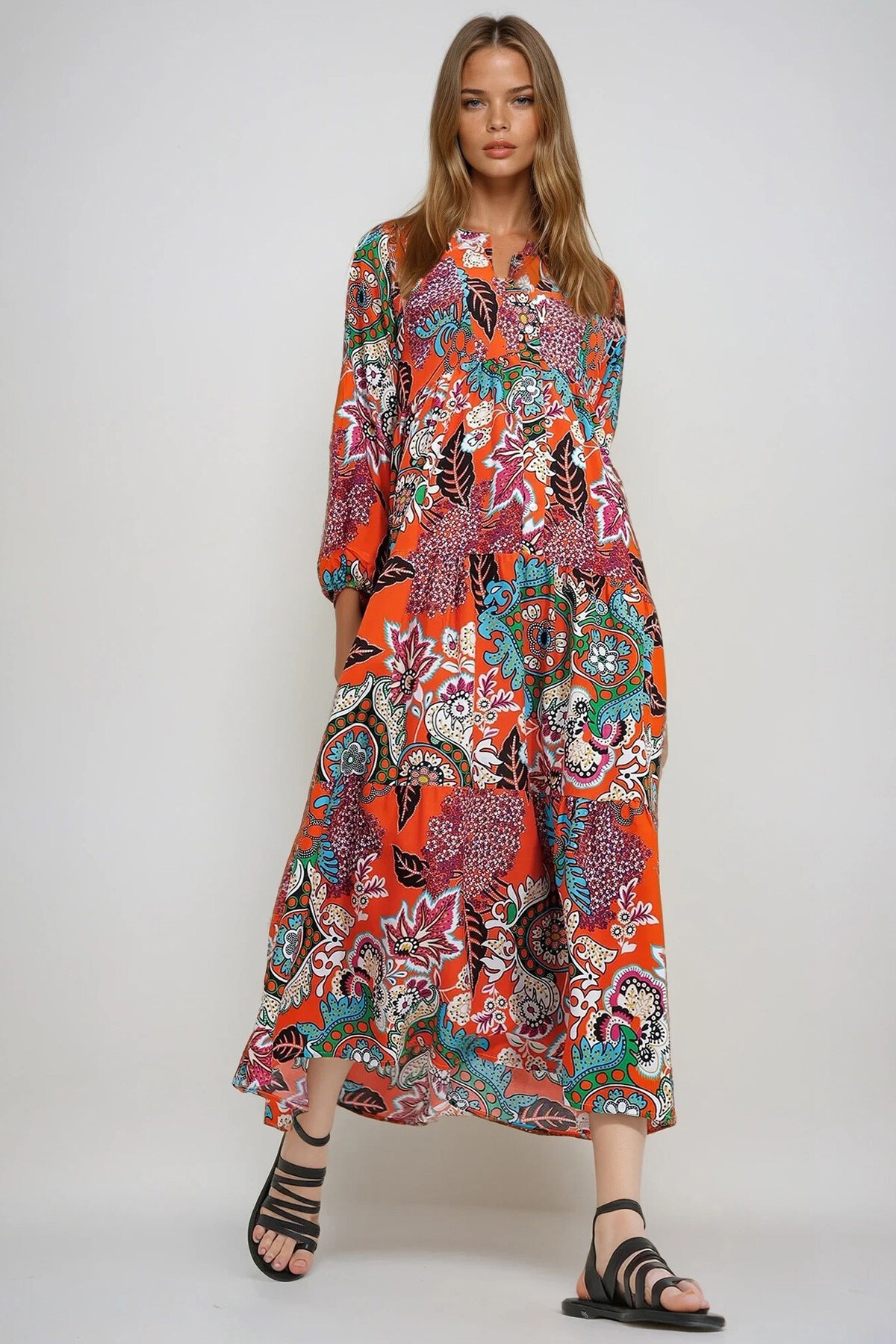 Turkuaz Turuncu Hakim Yaka Şal Desenli Maxi Boy Elbise