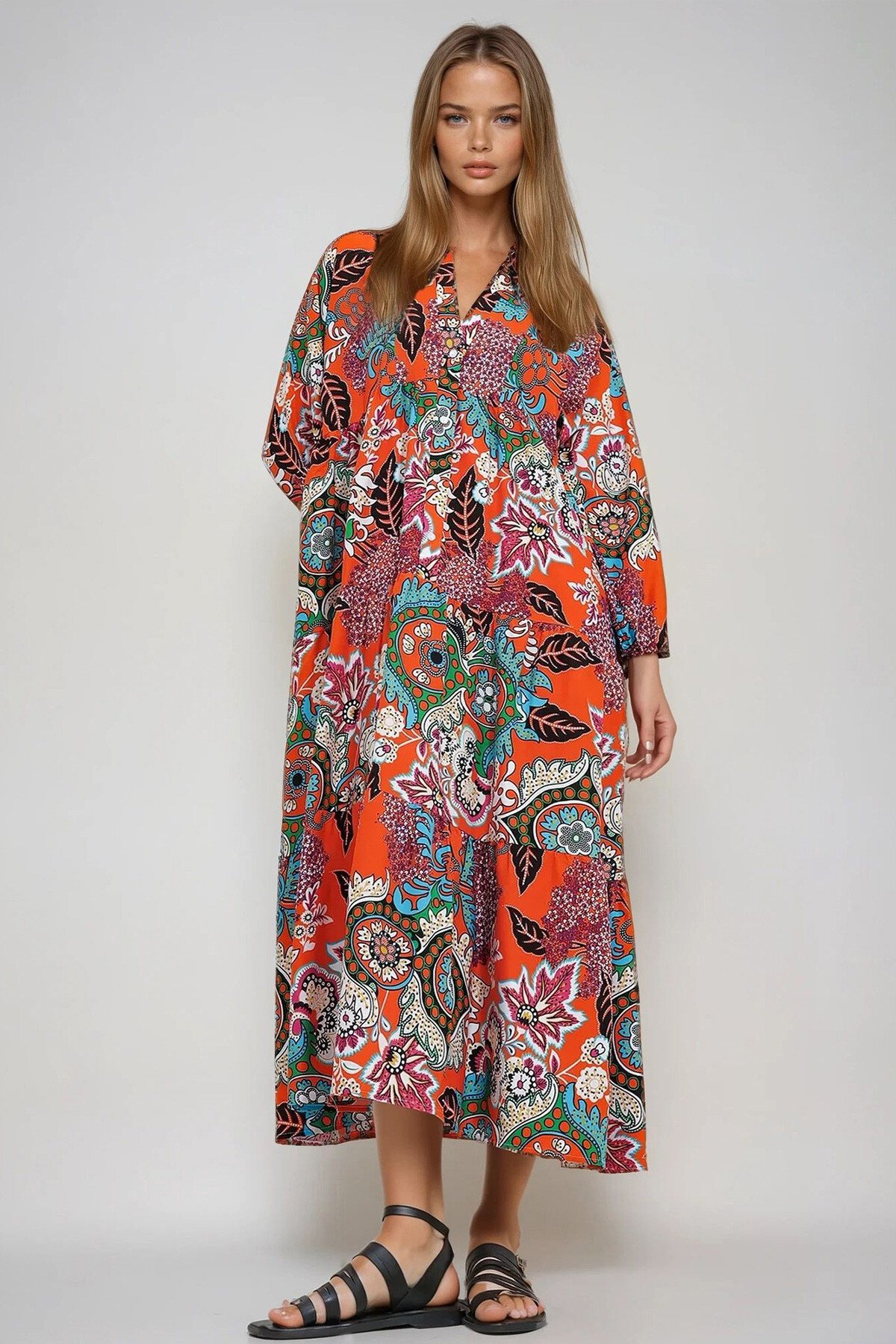 Turkuaz Turuncu Hakim Yaka Şal Desenli Maxi Boy Elbise