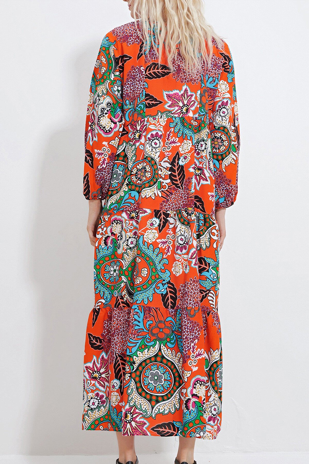 Turkuaz Turuncu Hakim Yaka Şal Desenli Maxi Boy Elbise