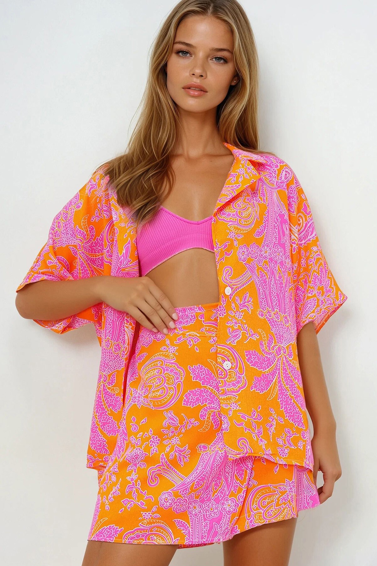 Turuncu Ceket Yaka Oversize Poplin Gömlek Ve Bağlamalı Şort Etek Takım