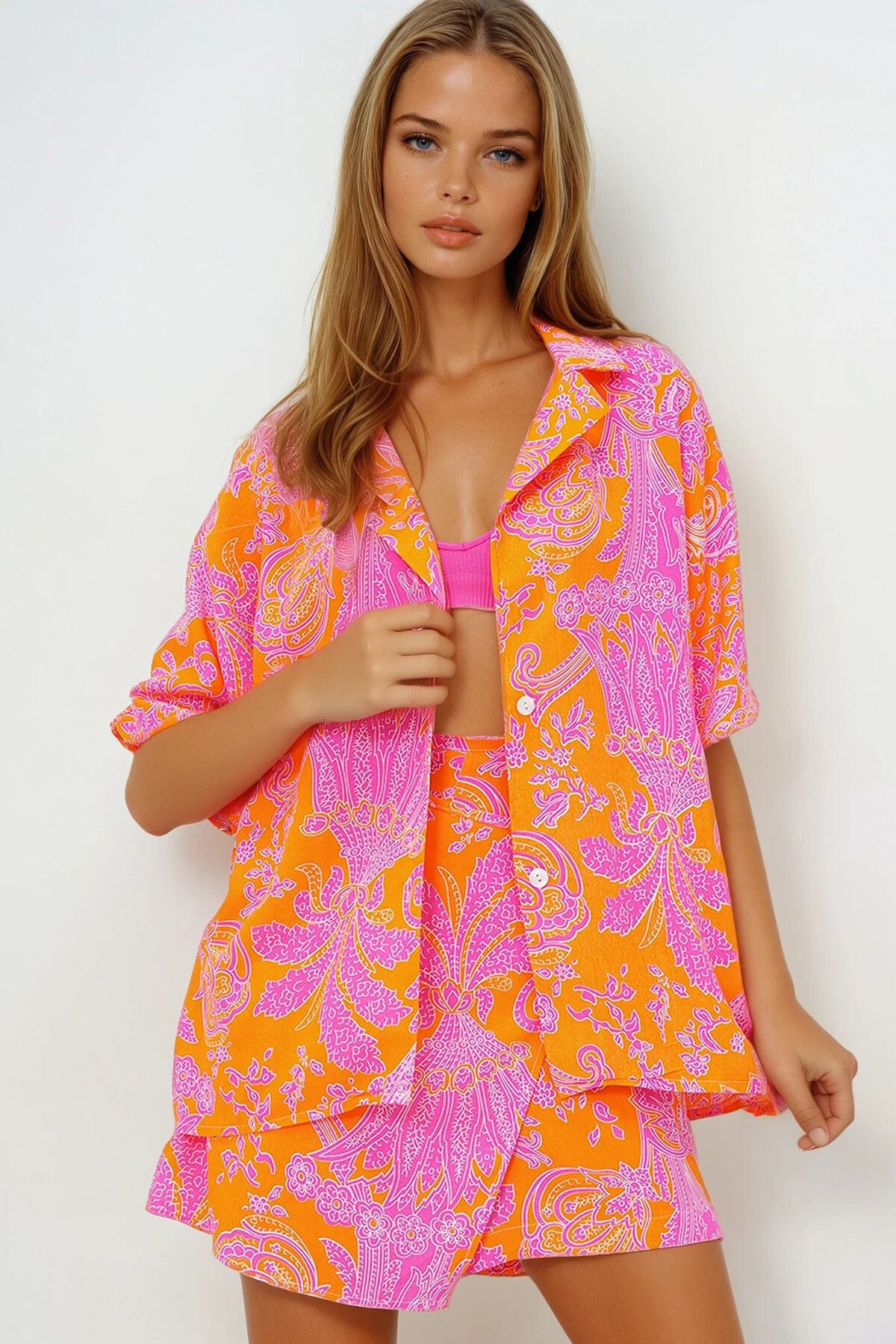 Turuncu Ceket Yaka Oversize Poplin Gömlek Ve Bağlamalı Şort Etek Takım