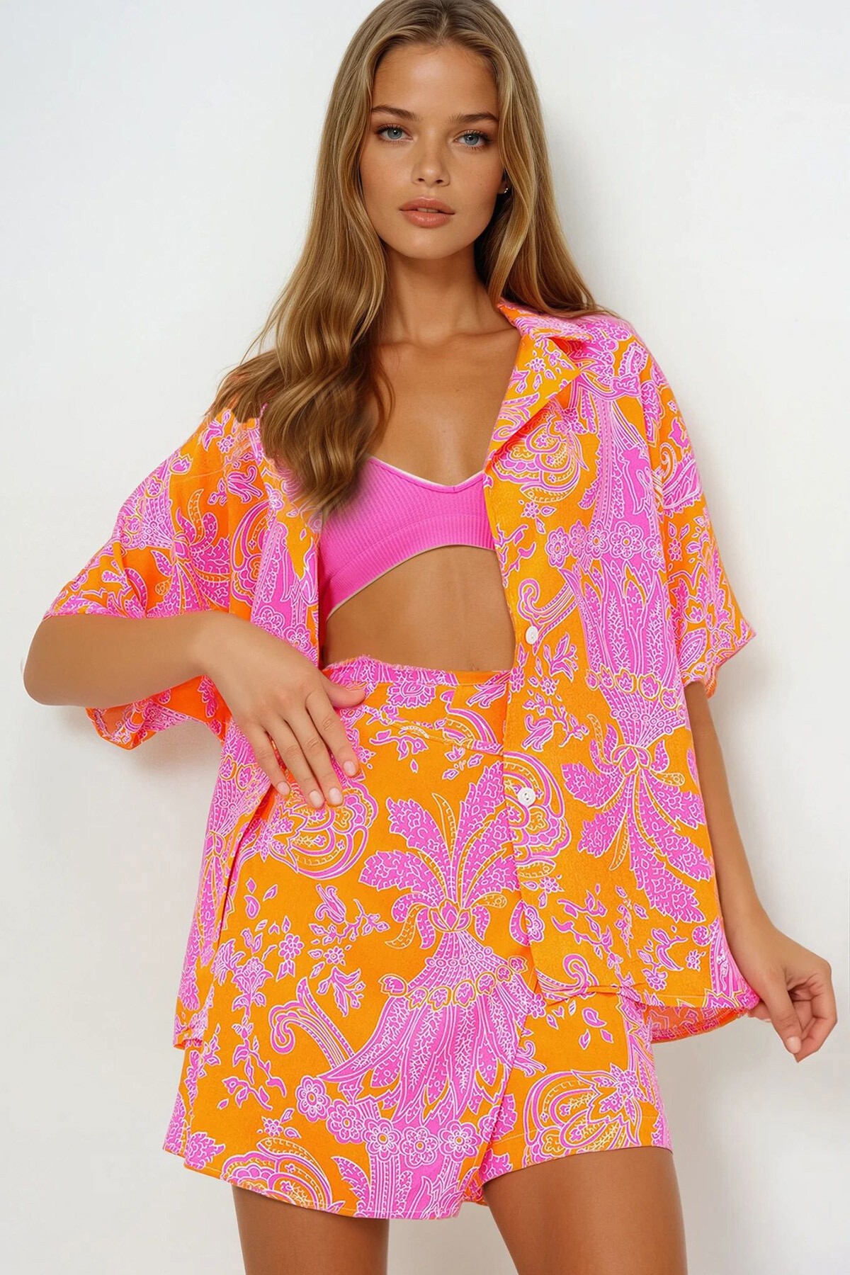 Turuncu Ceket Yaka Oversize Poplin Gömlek Ve Bağlamalı Şort Etek Takım