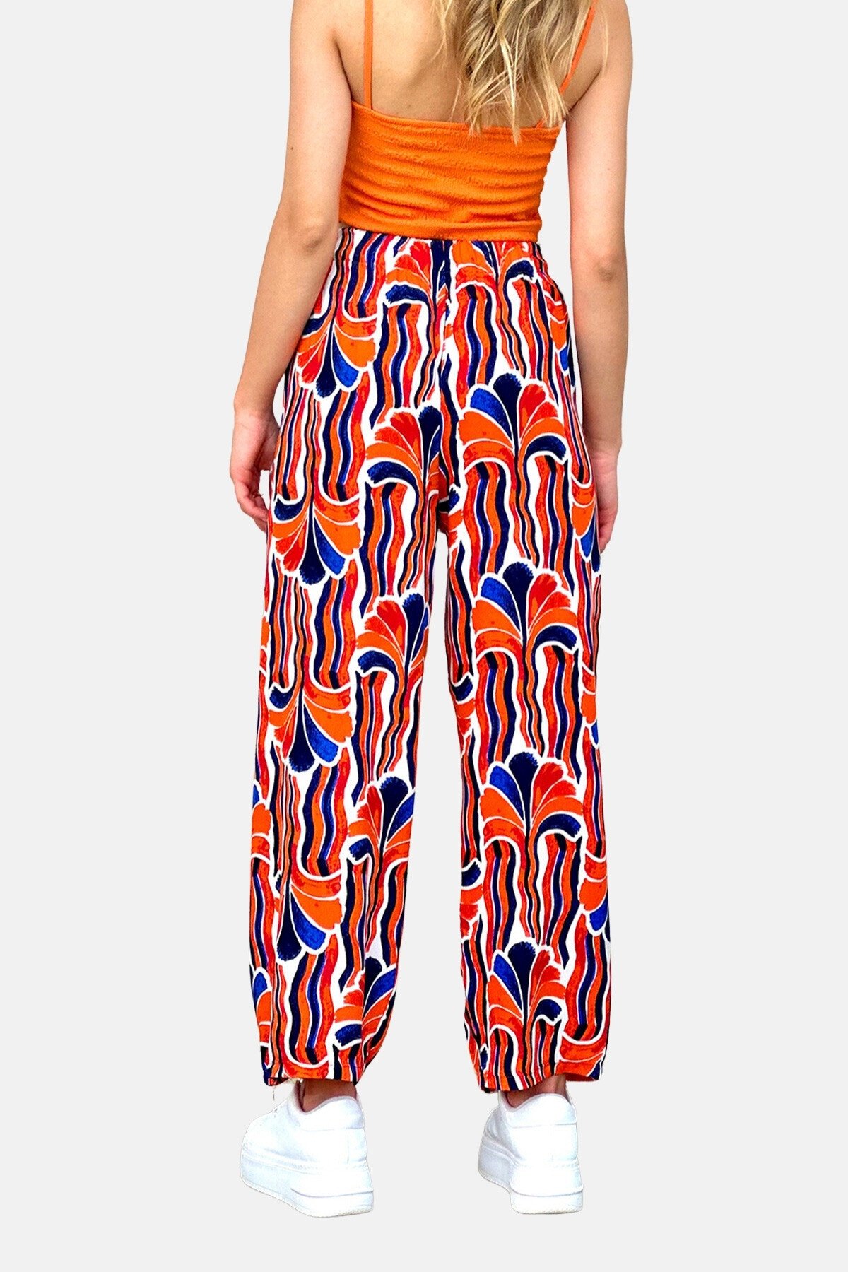 Turuncu Desenli Dokuma Viskon Pantolon