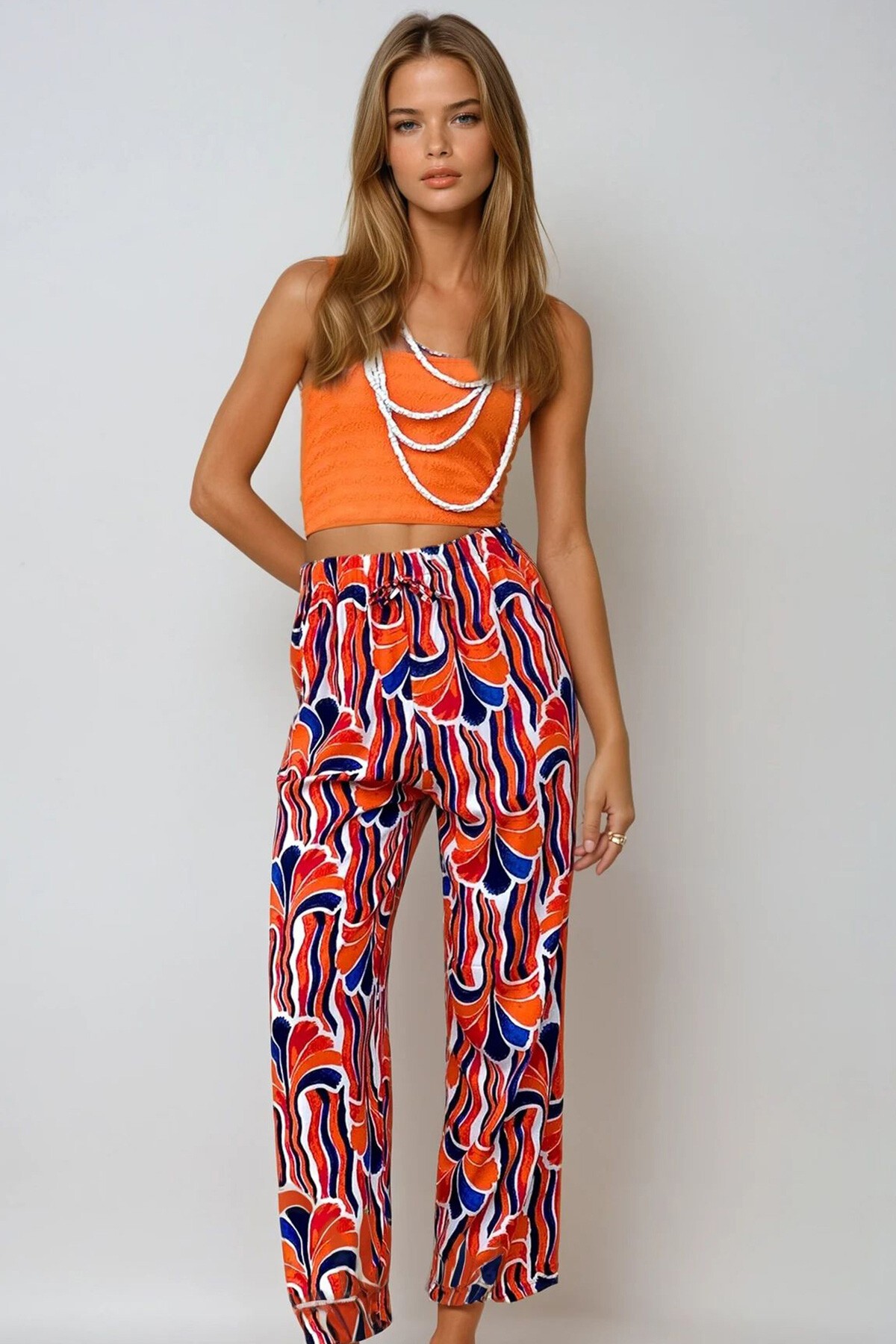 Turuncu Desenli Dokuma Viskon Pantolon