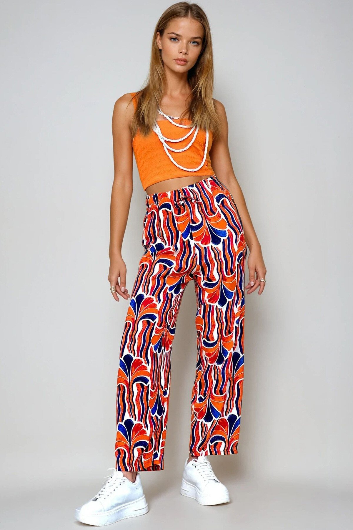 Turuncu Desenli Dokuma Viskon Pantolon