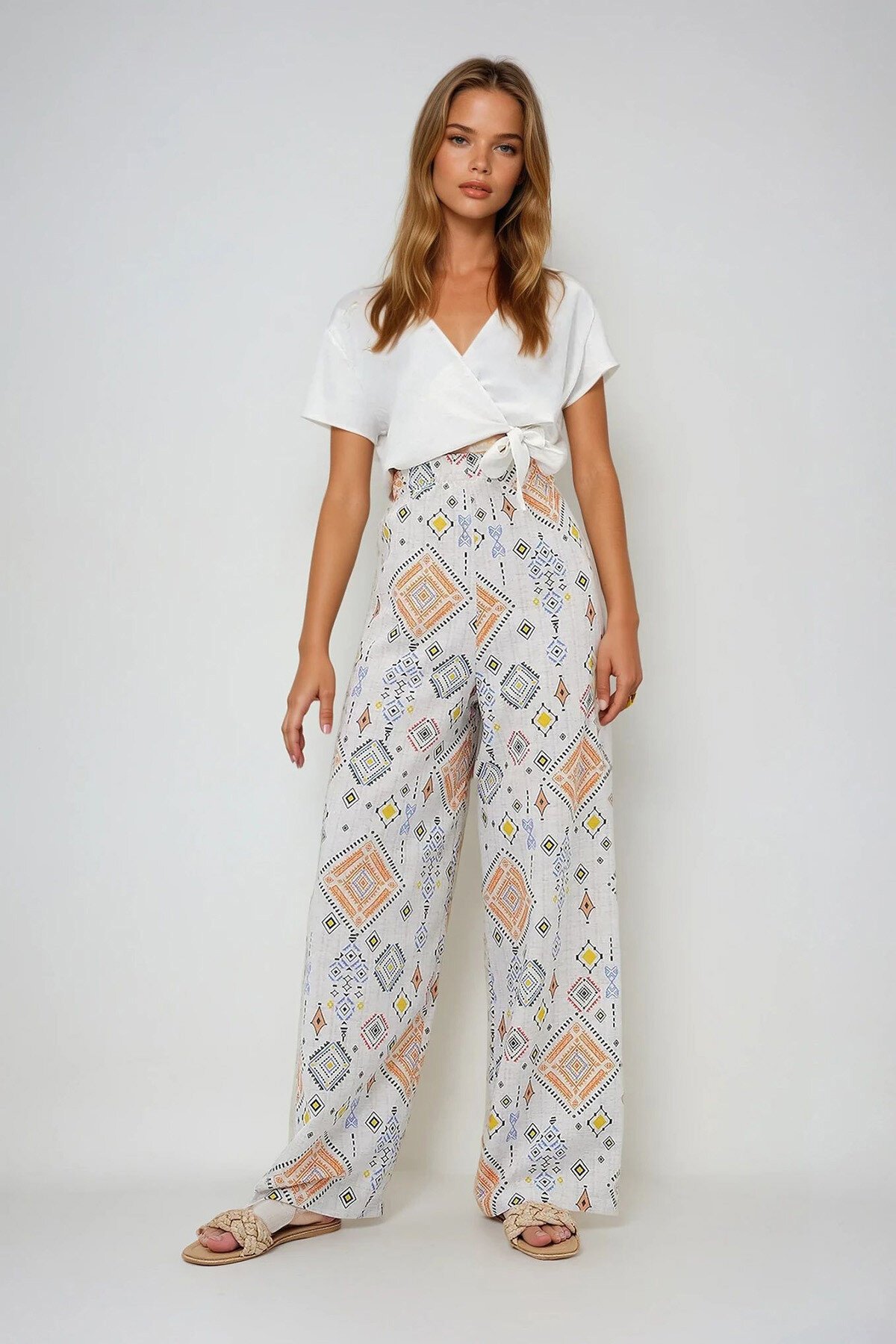 Turuncu Etnik Desenli Beli Lastikli Keten Pantolon