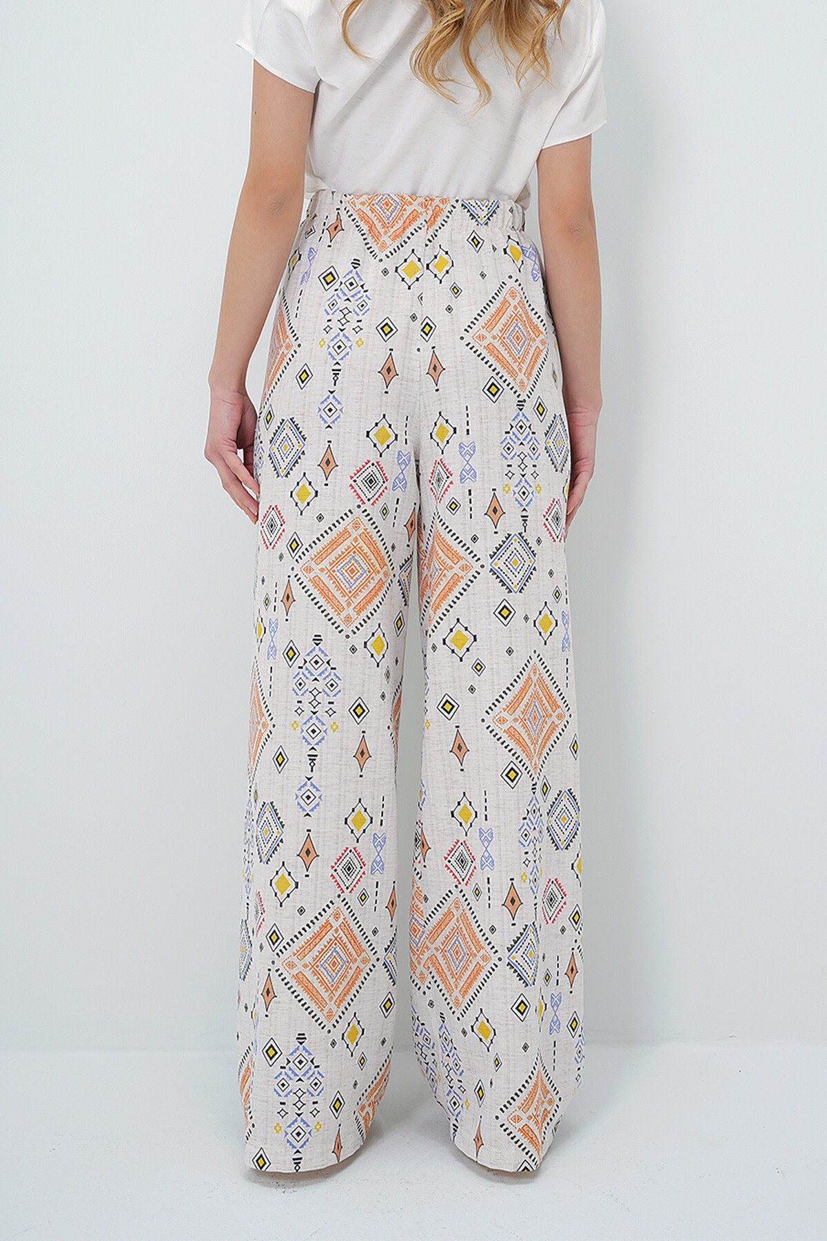 Turuncu Etnik Desenli Beli Lastikli Keten Pantolon