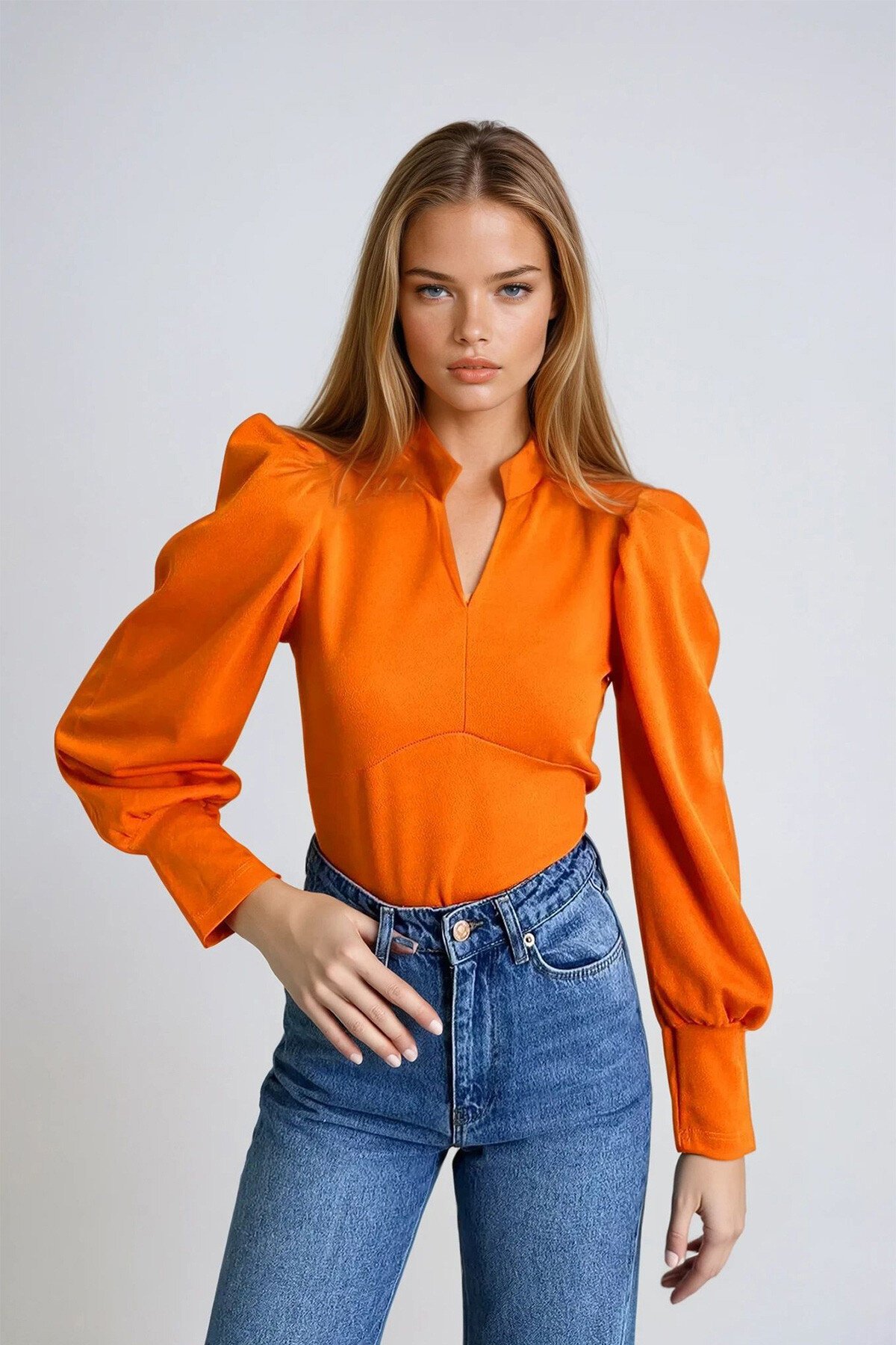 Turuncu Hakim Yaka Prenses Kol Dokuma Crop Bluz