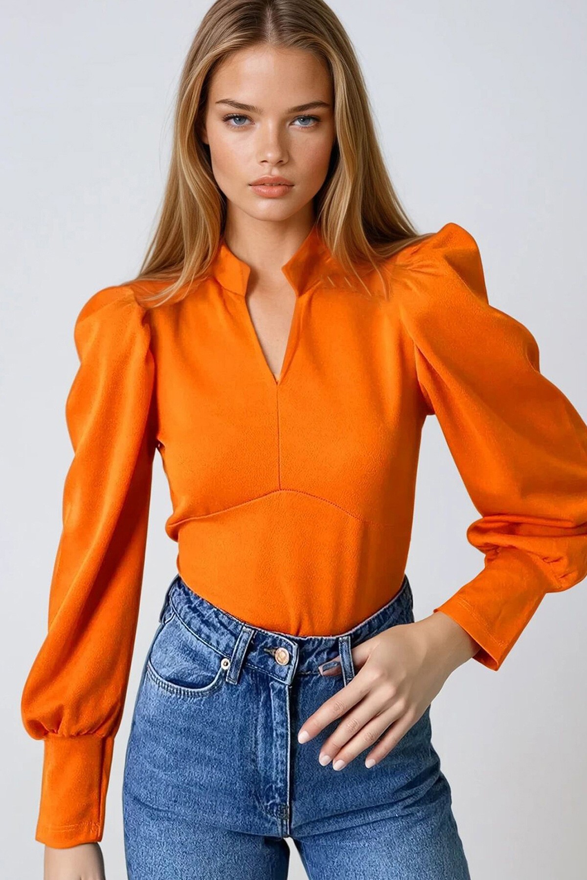 Turuncu Hakim Yaka Prenses Kol Dokuma Crop Bluz
