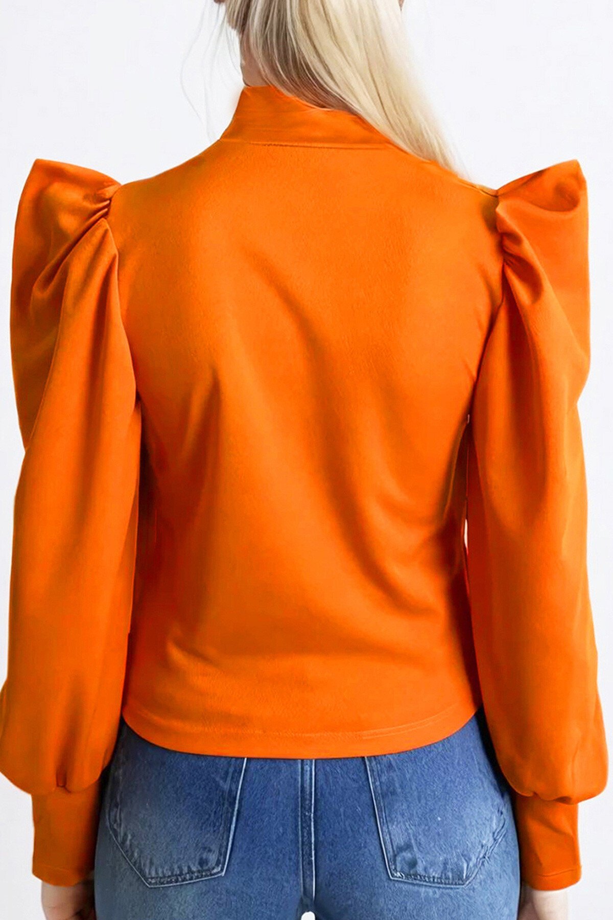 Turuncu Hakim Yaka Prenses Kol Dokuma Crop Bluz