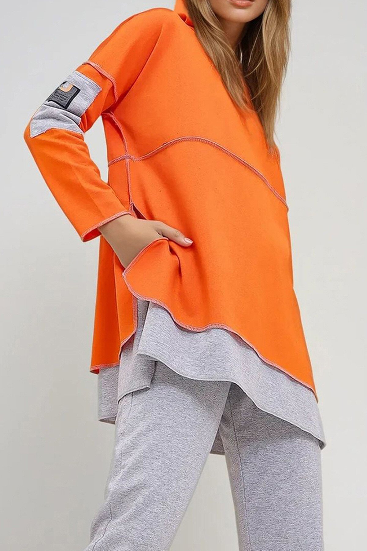 Turuncu Kat Kat Kapüşonlu Sweatshirt Ve Eşofman Altı İkili Takım