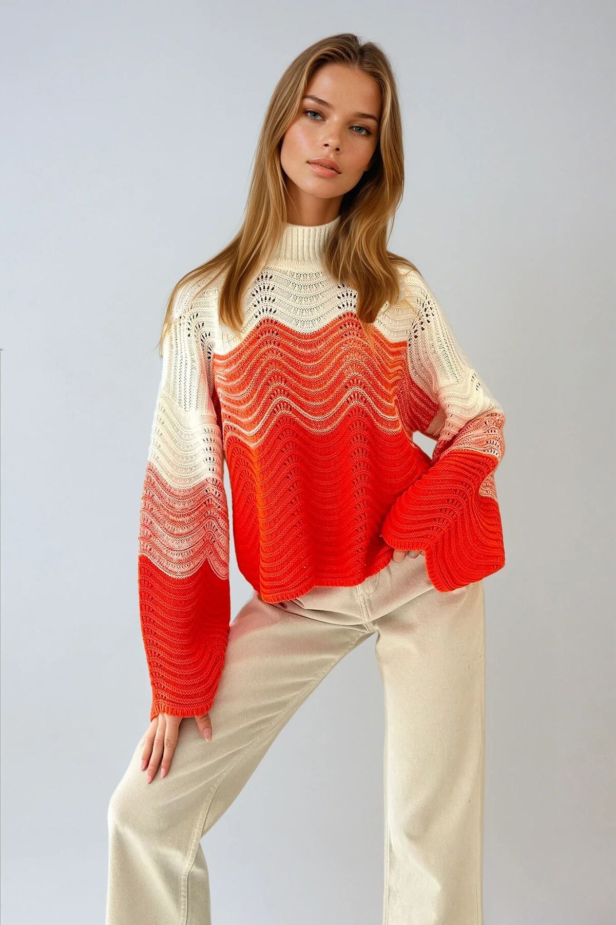 Turuncu Yarım Balıkçı Ajurlu Ve Bloklu Triko Kazak