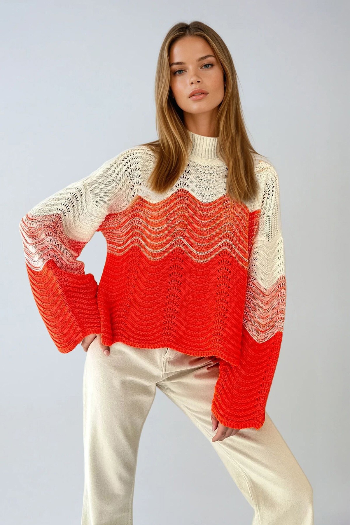 Turuncu Yarım Balıkçı Ajurlu Ve Bloklu Triko Kazak