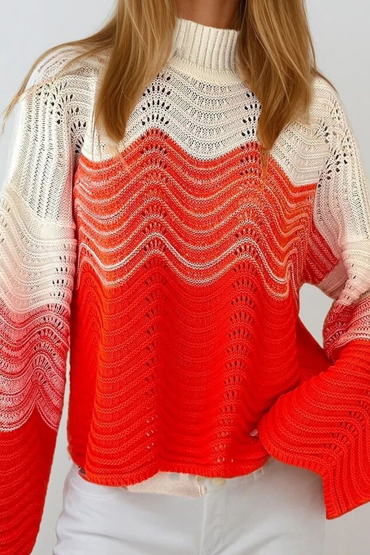 Turuncu Yarım Balıkçı Ajurlu Ve Bloklu Triko Kazak