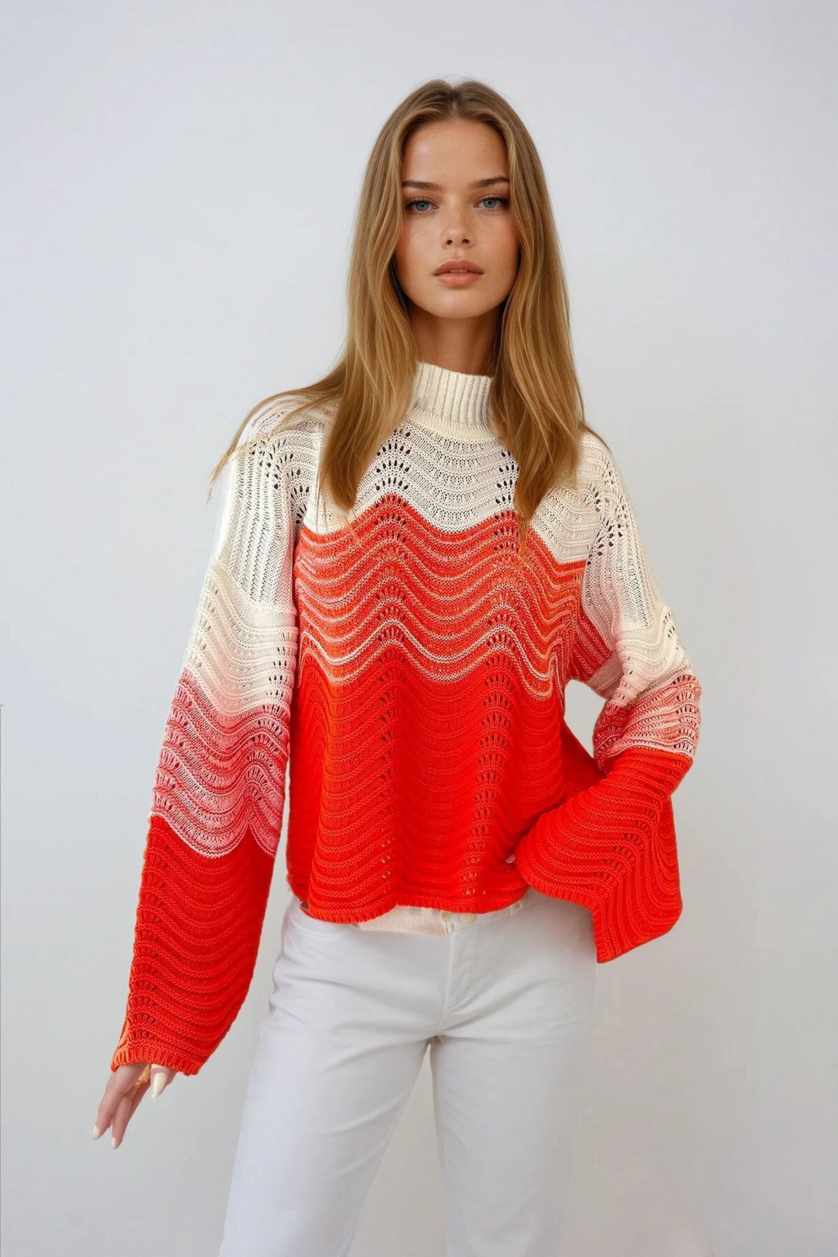 Turuncu Yarım Balıkçı Ajurlu Ve Bloklu Triko Kazak