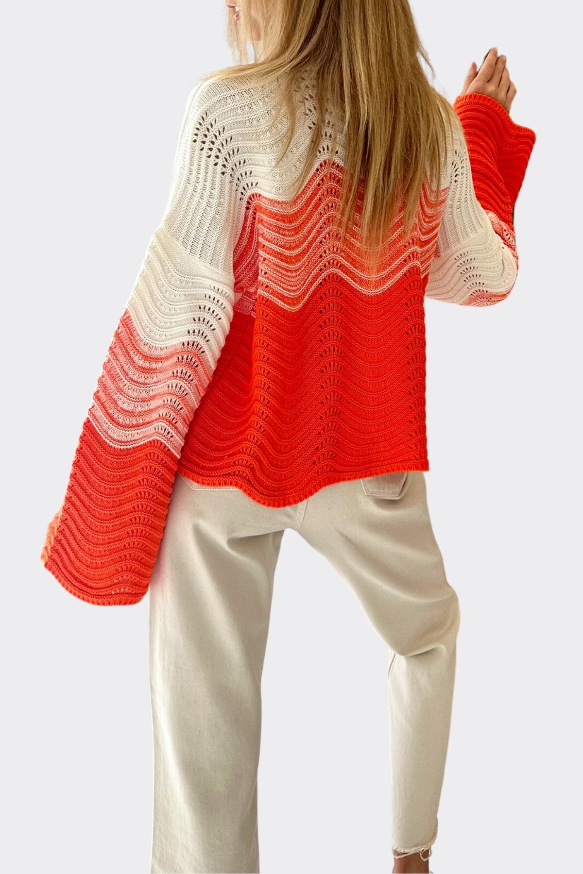 Turuncu Yarım Balıkçı Ajurlu Ve Bloklu Triko Kazak