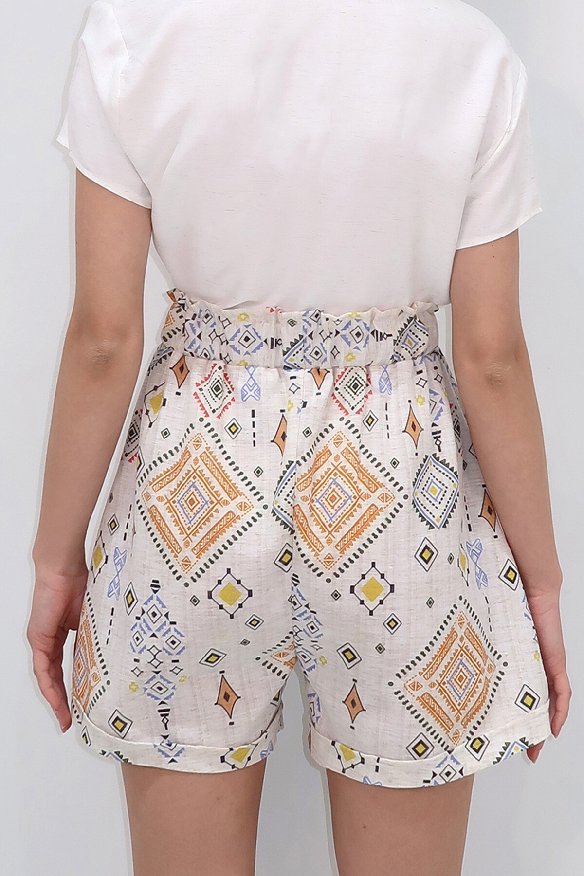Turuncu Yüksek Bel Etnik Desenli Duble Paça Keten Şort