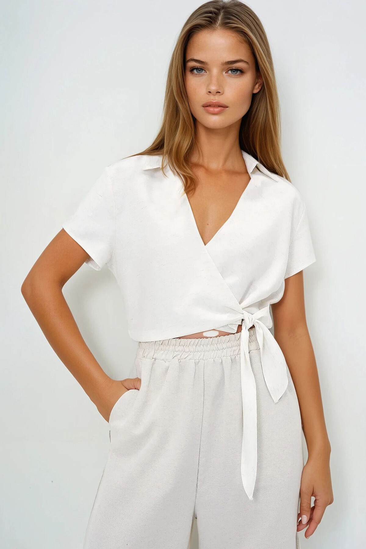 Vanilya Gömlek Yaka Kruvaze Bağlamalı Keten Crop Bluz