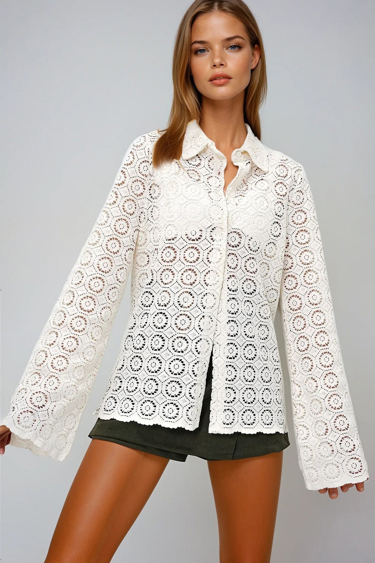 Vanilya Manşetsiz Uzun Kol Güpür Gömlek