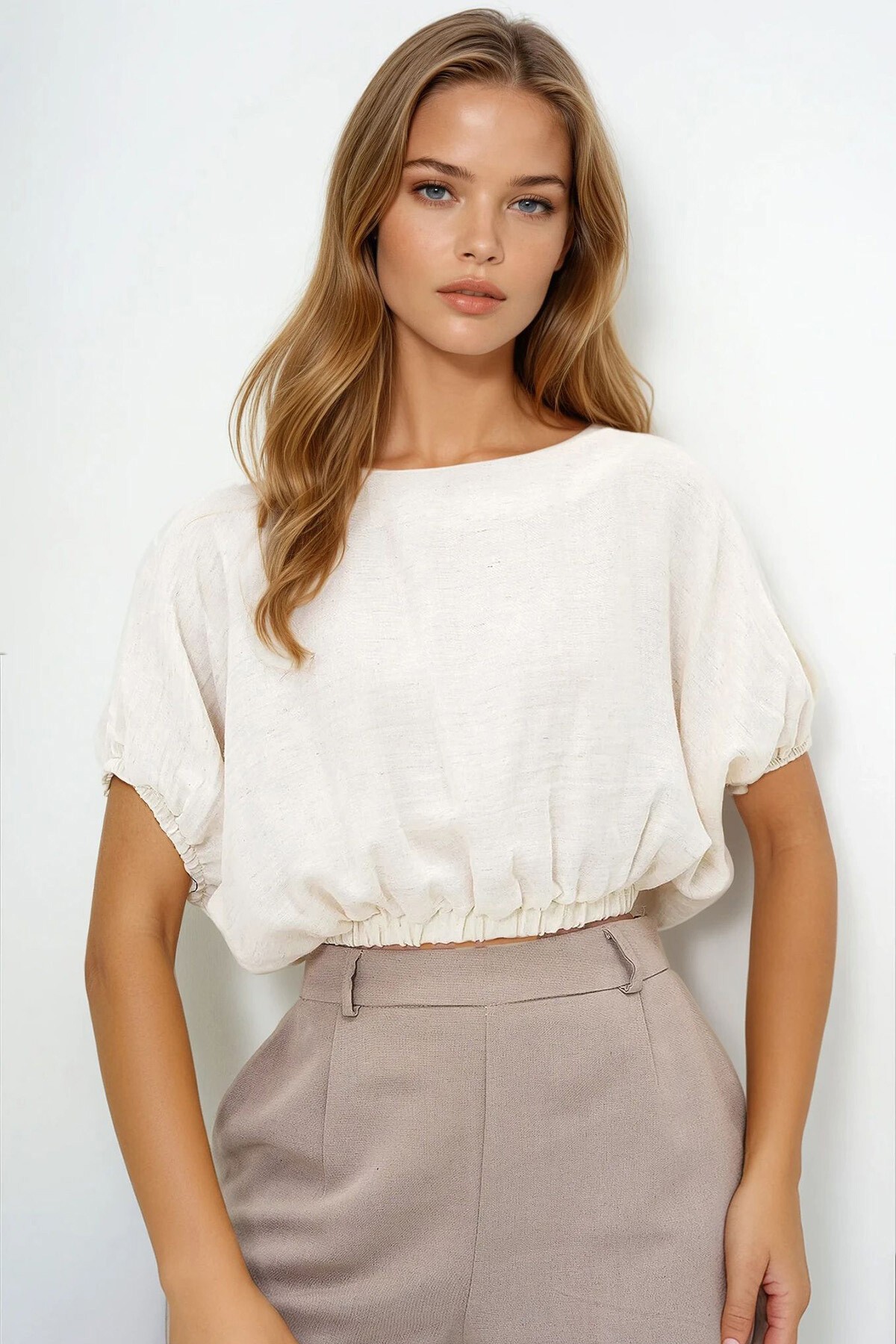 Vanilya Müslin Kumaş Kayık Yaka Dokuma Crop Bluz