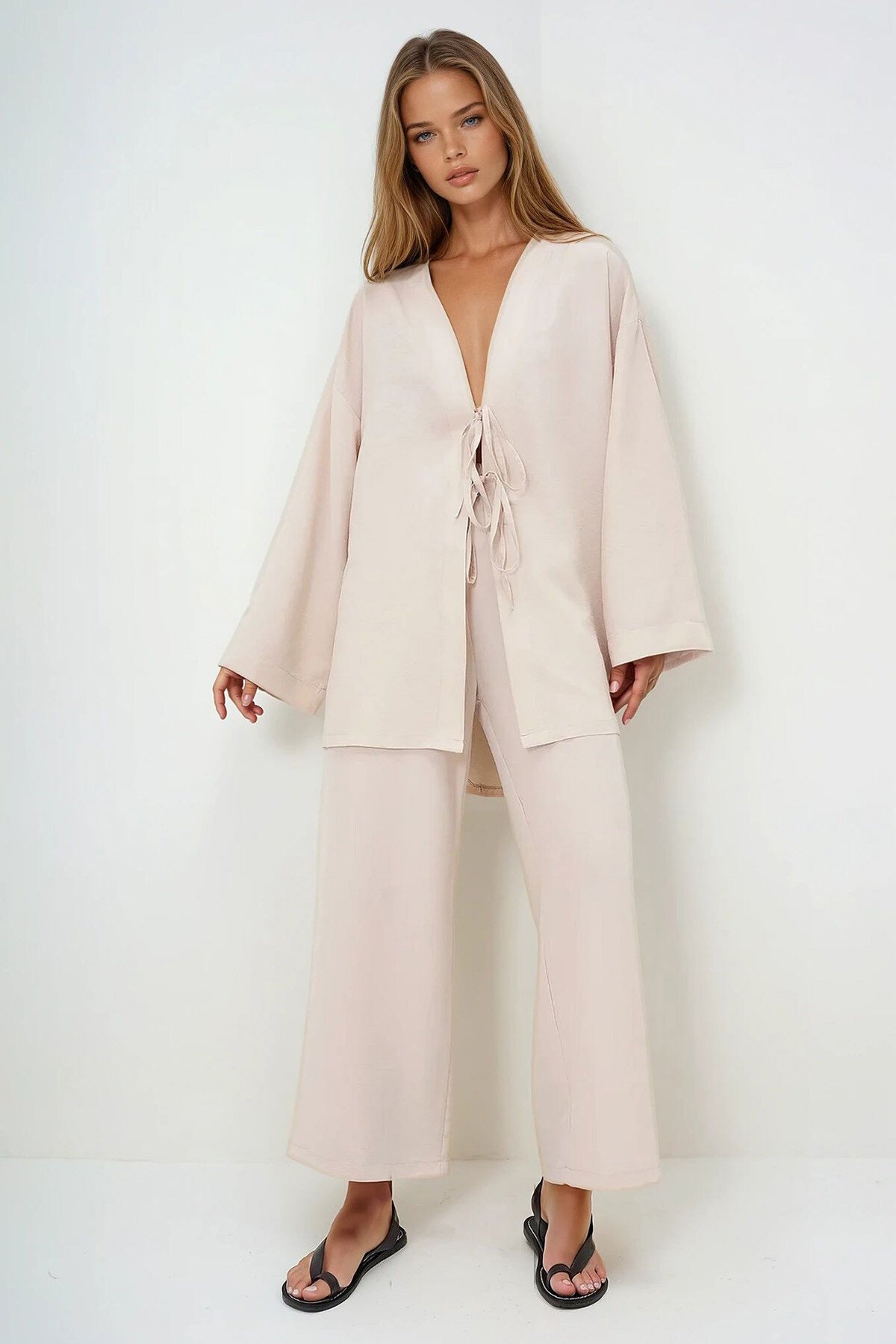 Vanilya Önü Bağcıklı Kimono Ceket Ve Palazzo Pantolon Takım