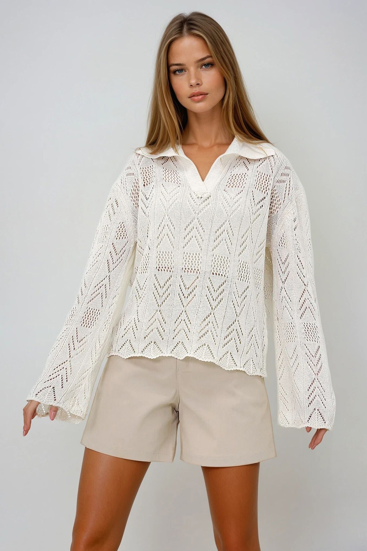 Vanilya Polo Yaka Delik Ajurlu Motifli Yazlık Triko Bluz
