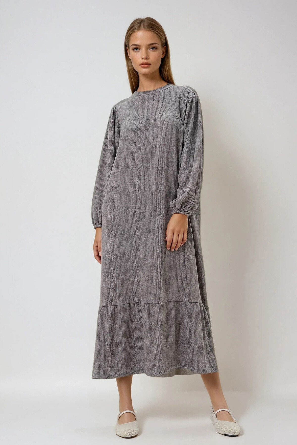 Vizon Bisiklet Yaka Balon Kol Eteği Volanlı Maxi Boy Elbise