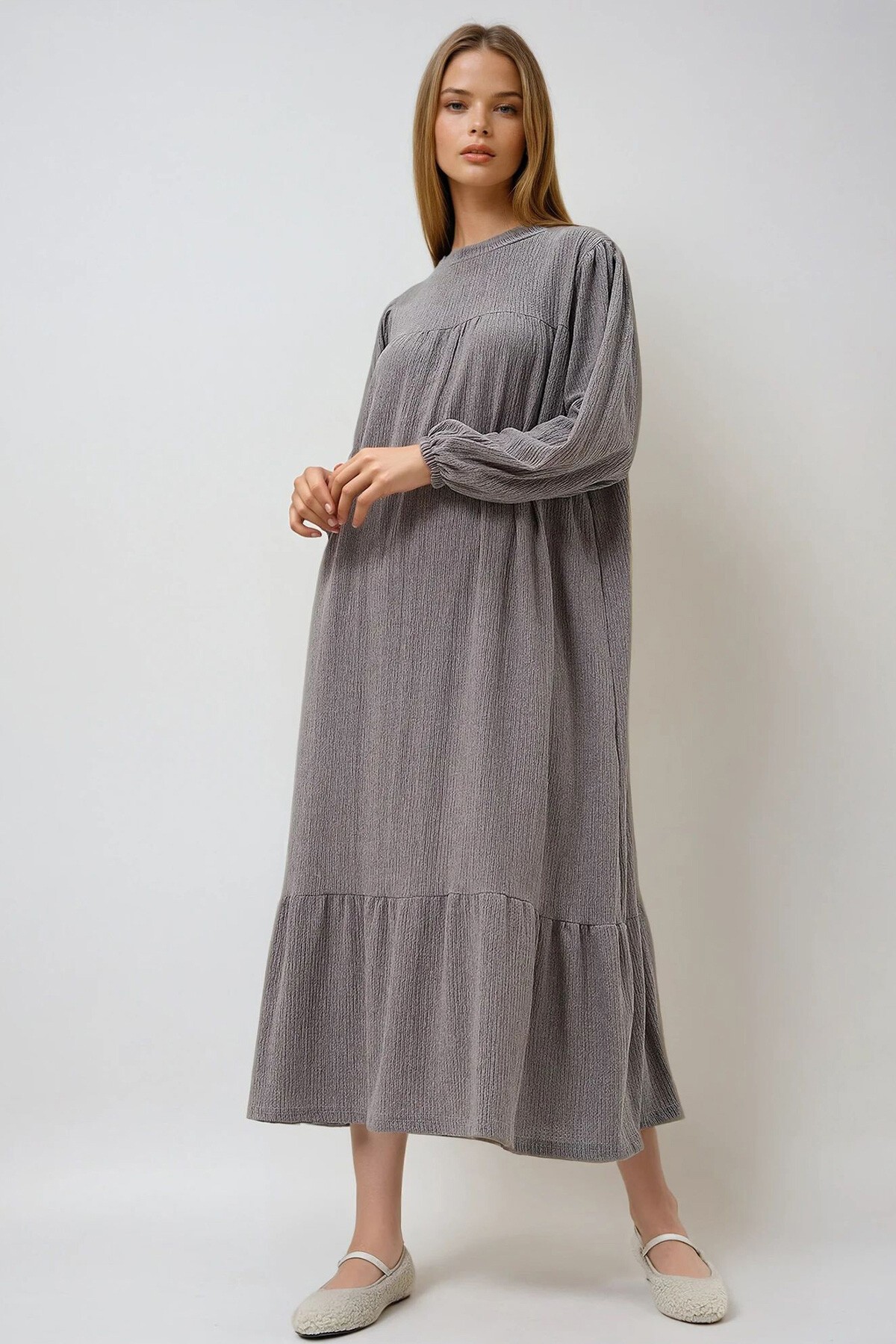 Vizon Bisiklet Yaka Balon Kol Eteği Volanlı Maxi Boy Elbise