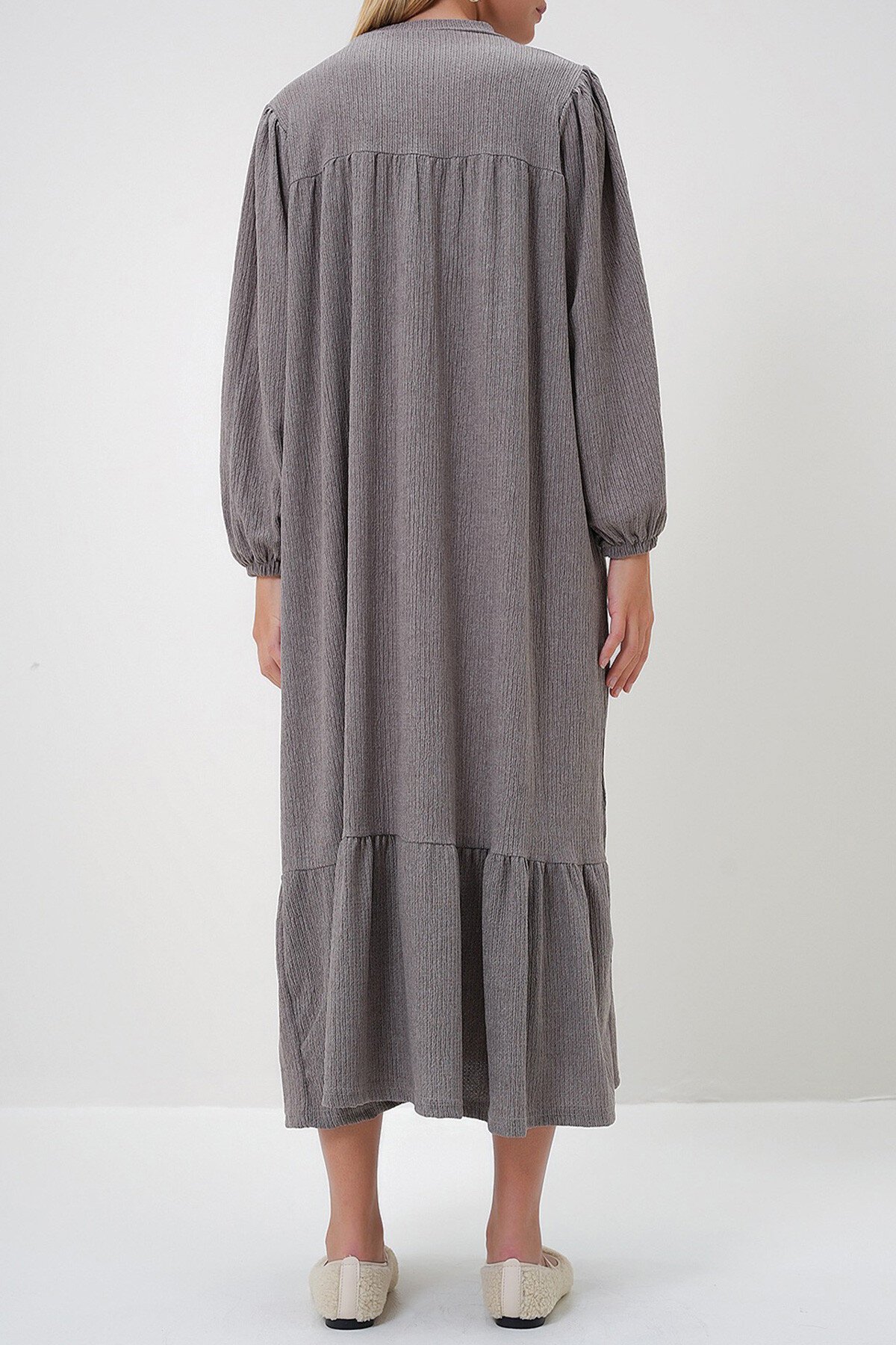 Vizon Bisiklet Yaka Balon Kol Eteği Volanlı Maxi Boy Elbise