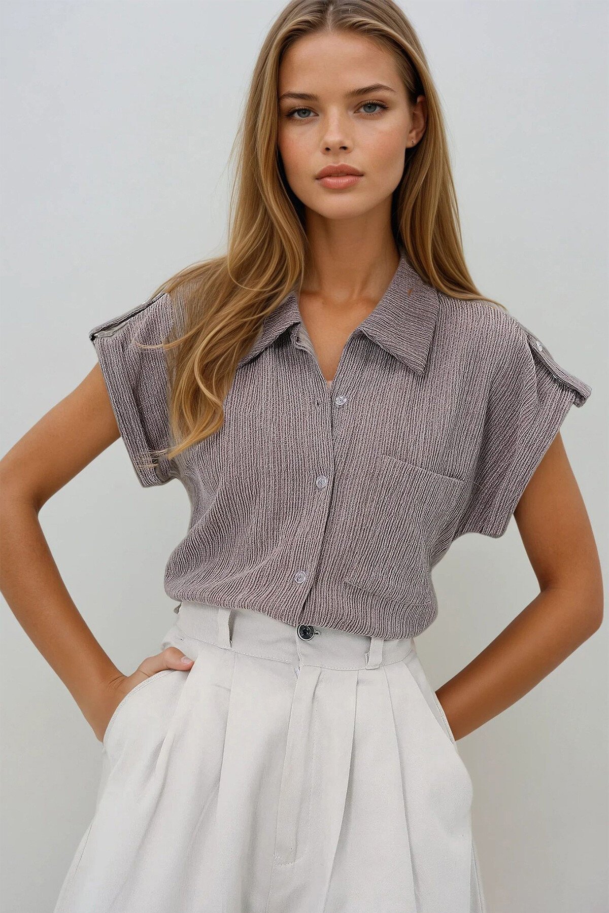 Vizon Manşetli Duble Kısa Kollu Dokulu Gömlek