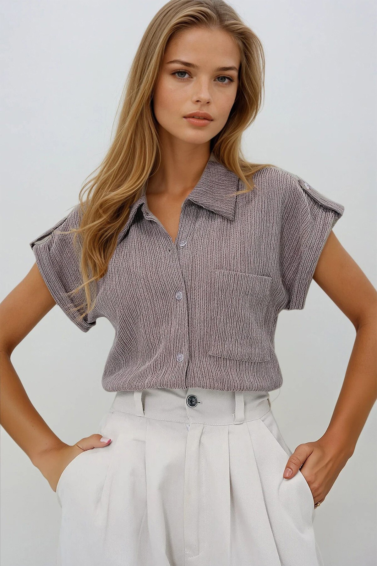 Vizon Manşetli Duble Kısa Kollu Dokulu Gömlek